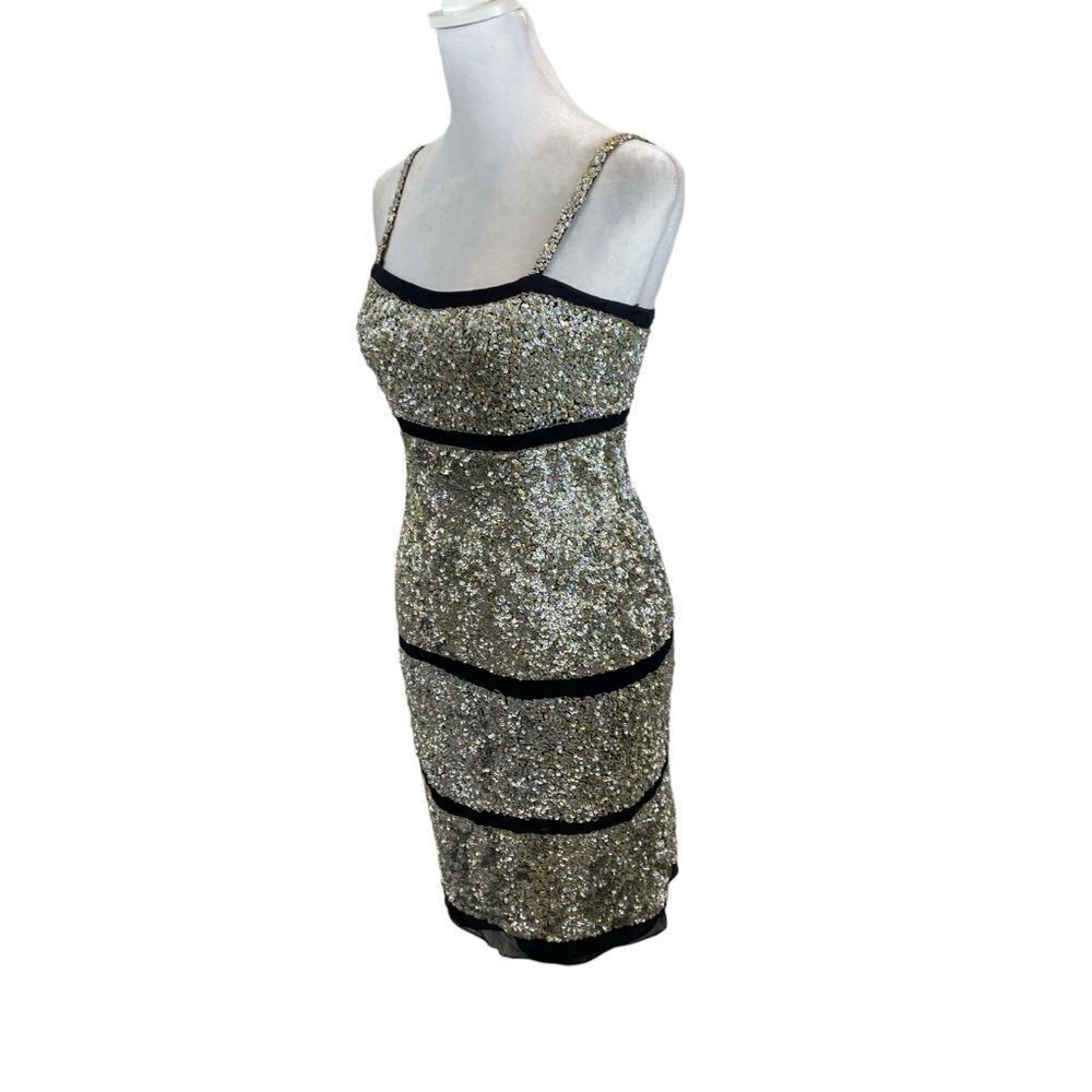Basix II Brand Silver and Gold Sequin Silk Mini Dress Size 2